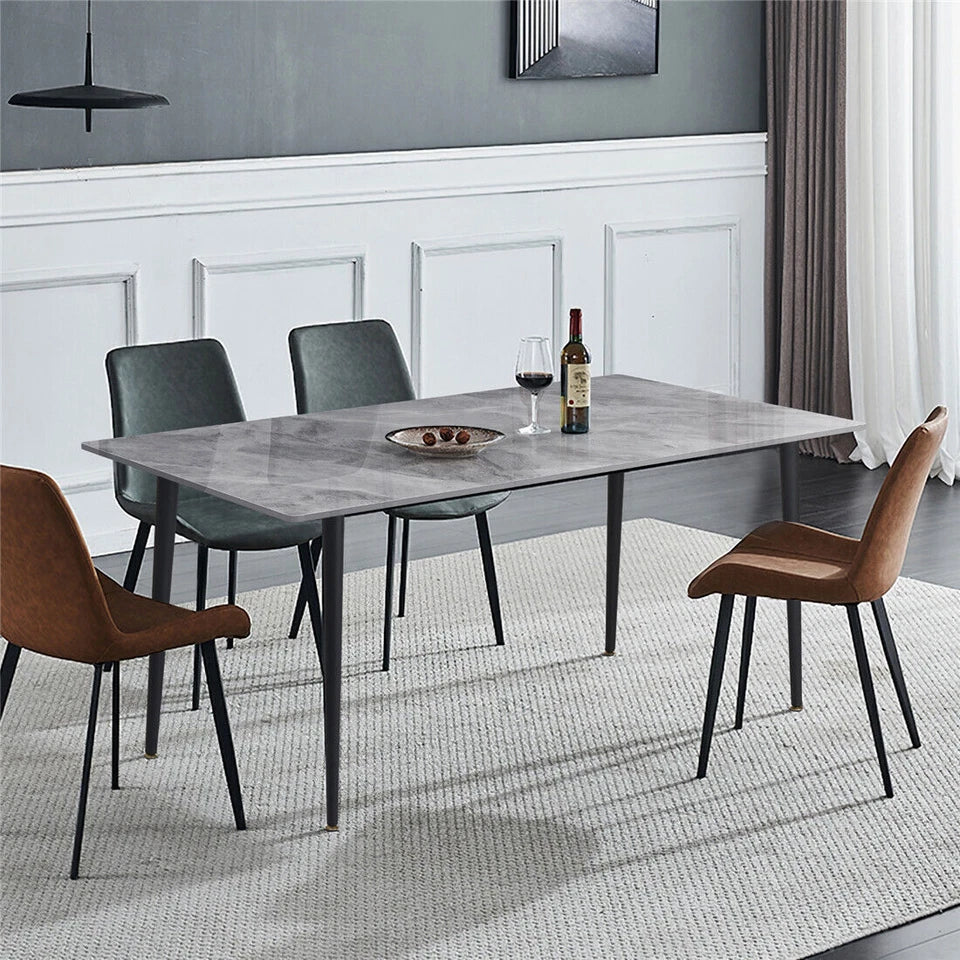 Glossy Gray Stone Dining Table With Modern Black Steel Base & Legs