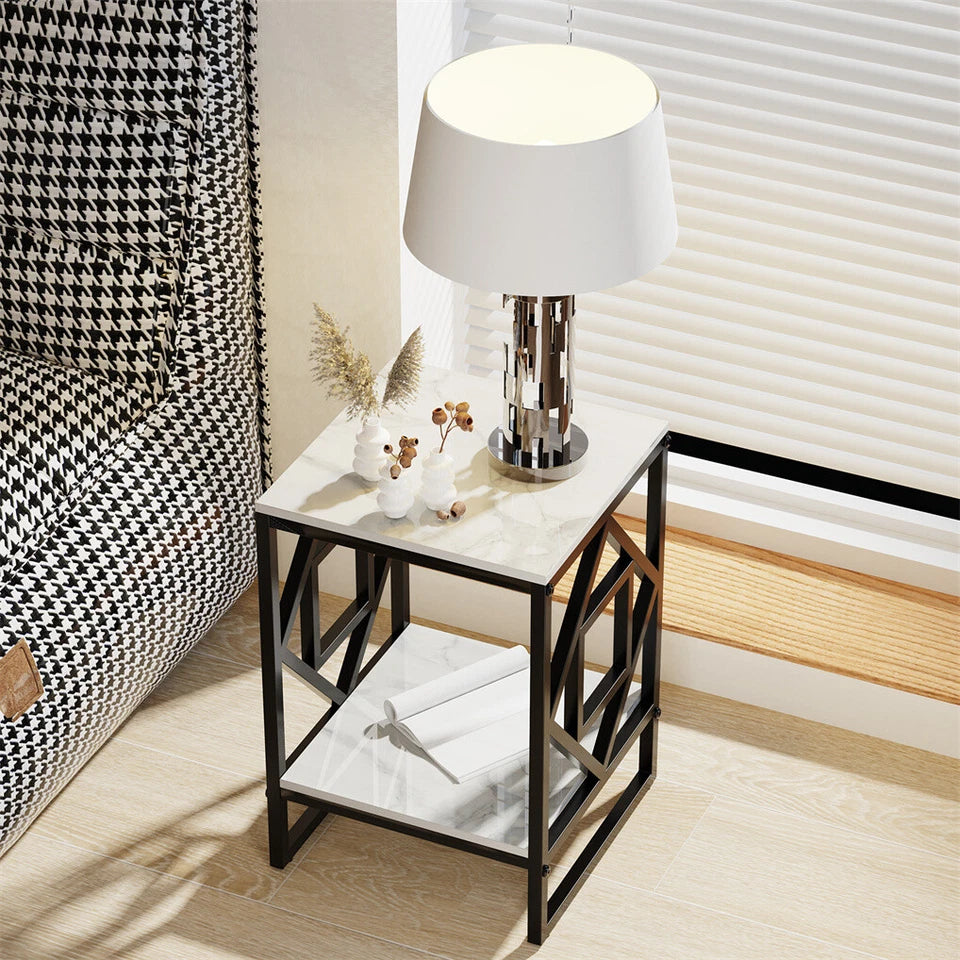 Sleek White Marble Side Table Sofa End Table Bedside Nightstand with Durable Frame