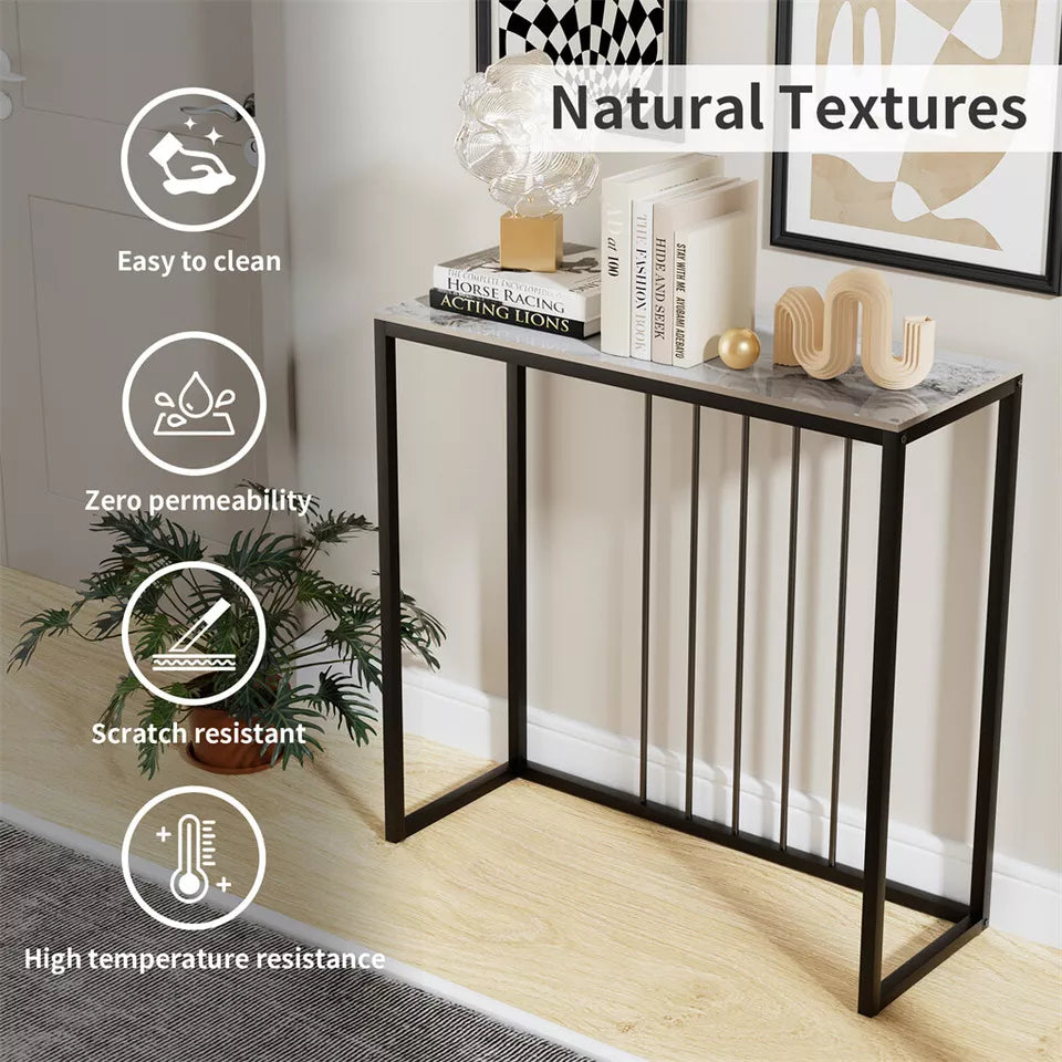 White Emerald Sintered Stone Console Table With Minimalist Metal Frame