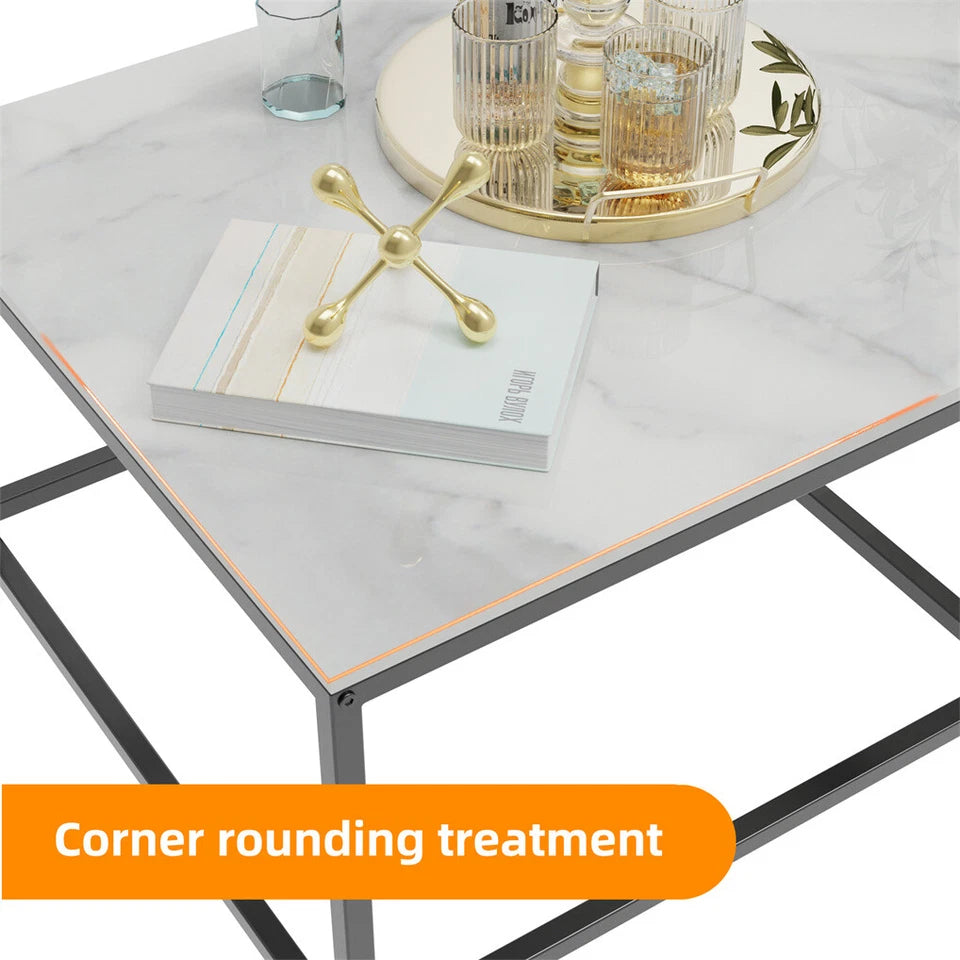 White Sintered Stone Rectangular Nesting Tables with Black Metal Frame