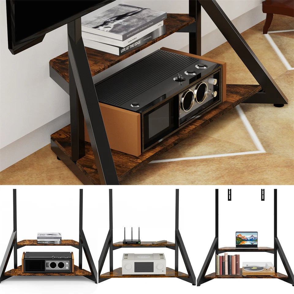 Black Adjustable Industrial TV Floor Stand With 2 Shelves For 40”-75” Flat Screens