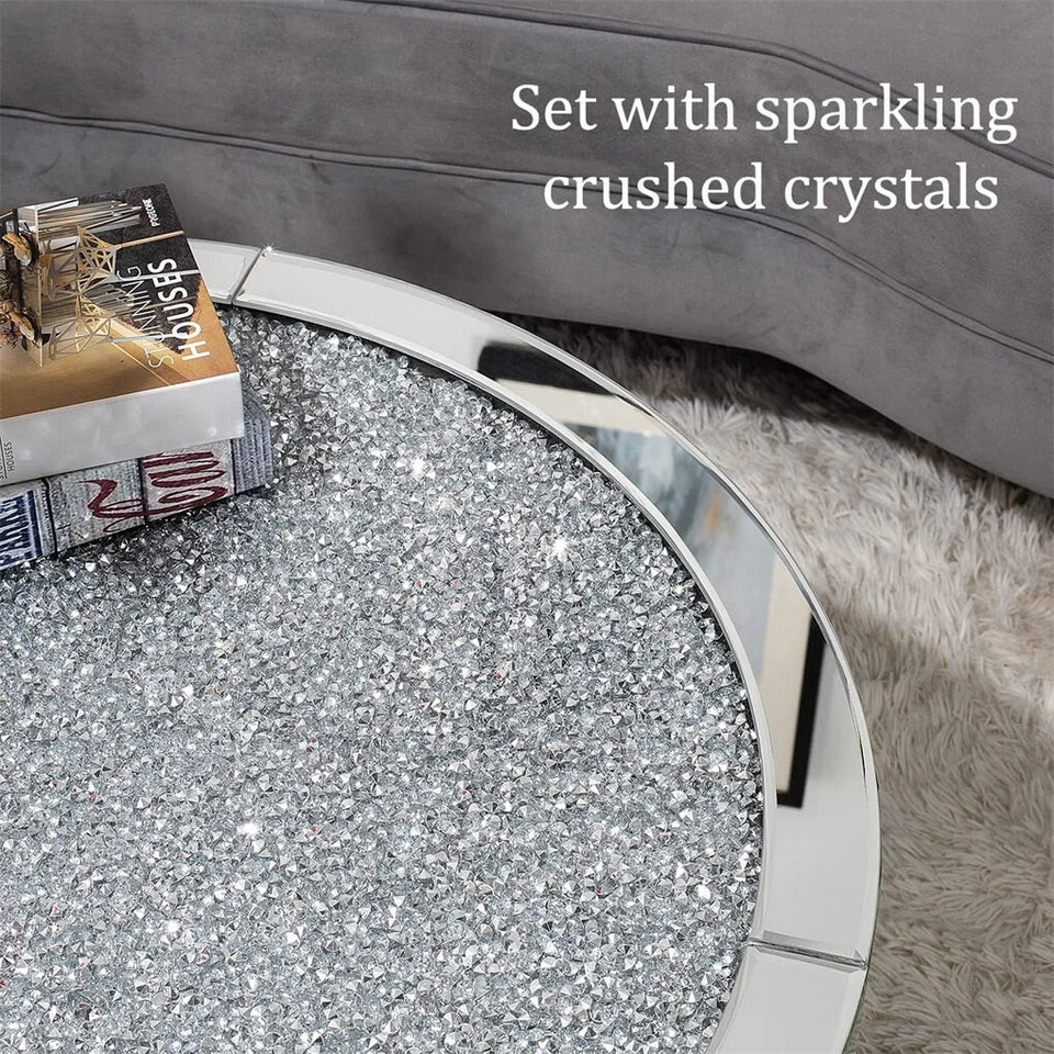 Silver Round Mirrored Coffee Table with Crushed Diamond Inlay Design
