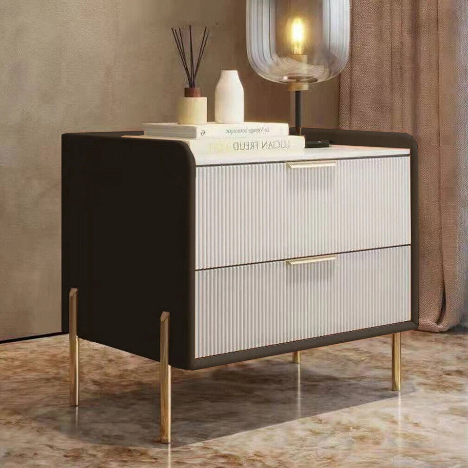White & Grey Bedside Table With Sintered Stone Top And Storage Drawers