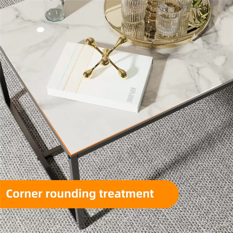White Sintered Stone Rectangular Coffee Table with Minimalist Metal Frame