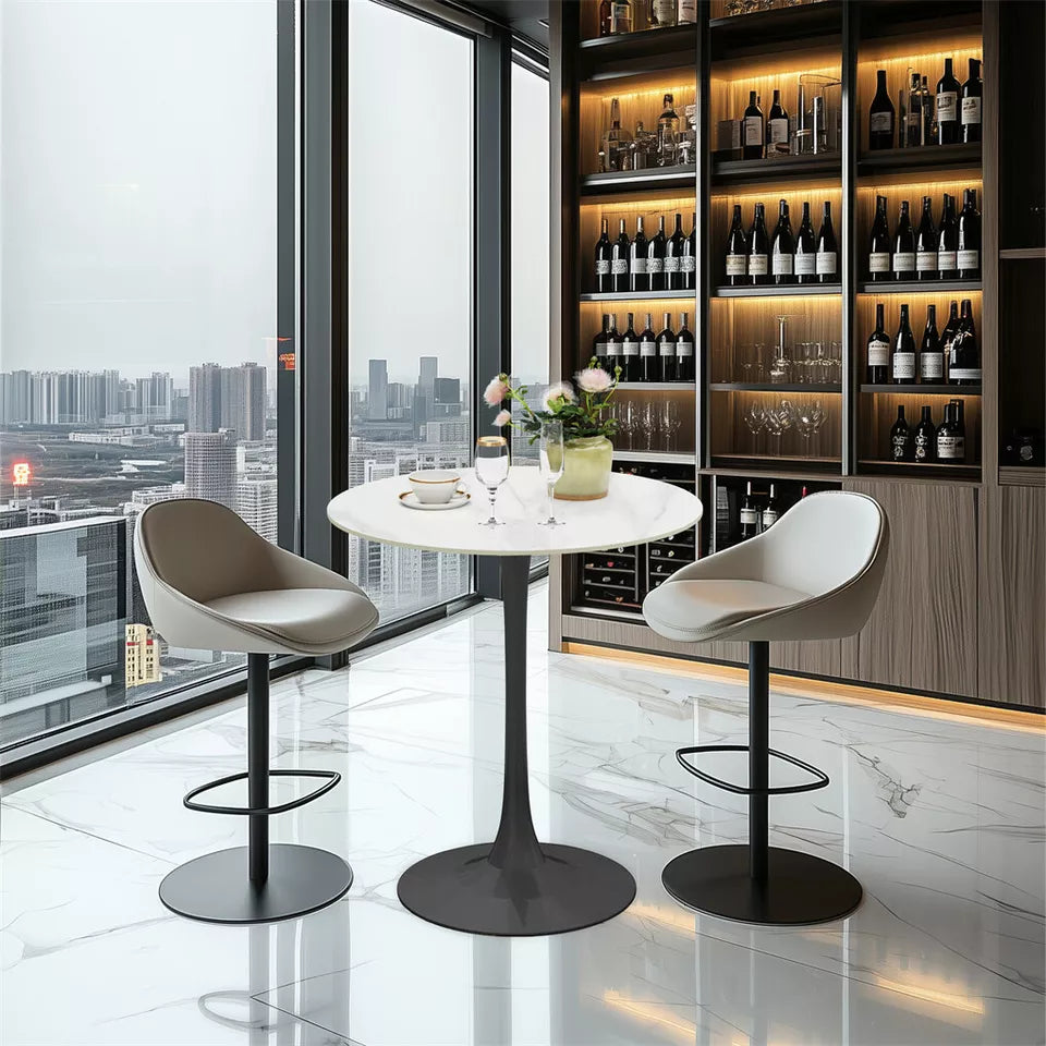 White Round Sintered Stone Bar Table, Black Base Bistro High Top Space Saver