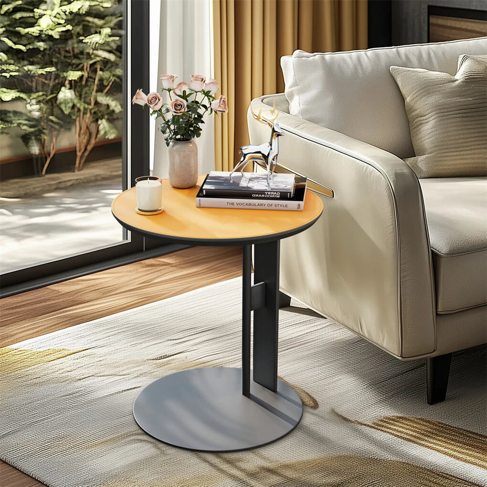 Orange Saddle Leather C-Shaped Side Table With Black Iron Frame Support