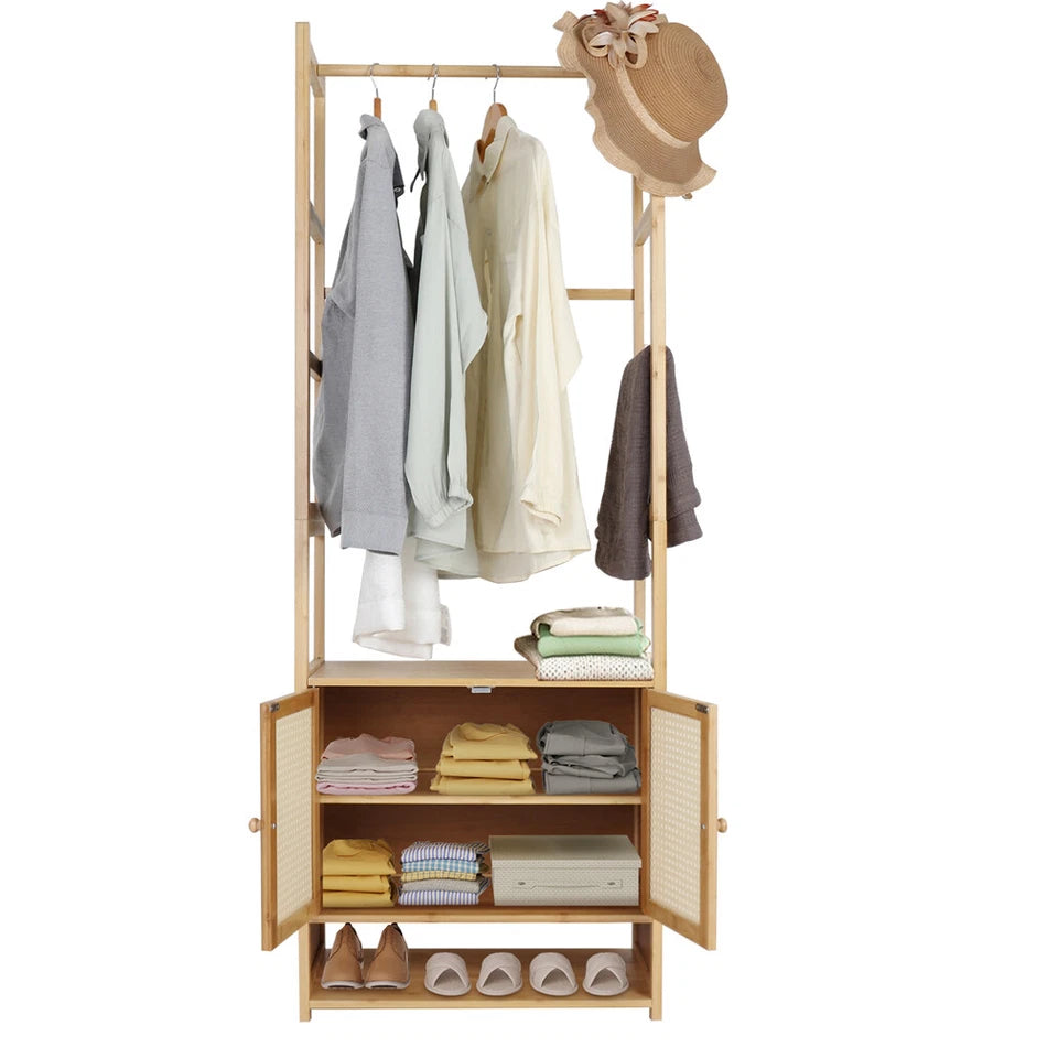 Natural Wood Modern Bamboo Clothes Rack with Storage Cabinet & Hooks