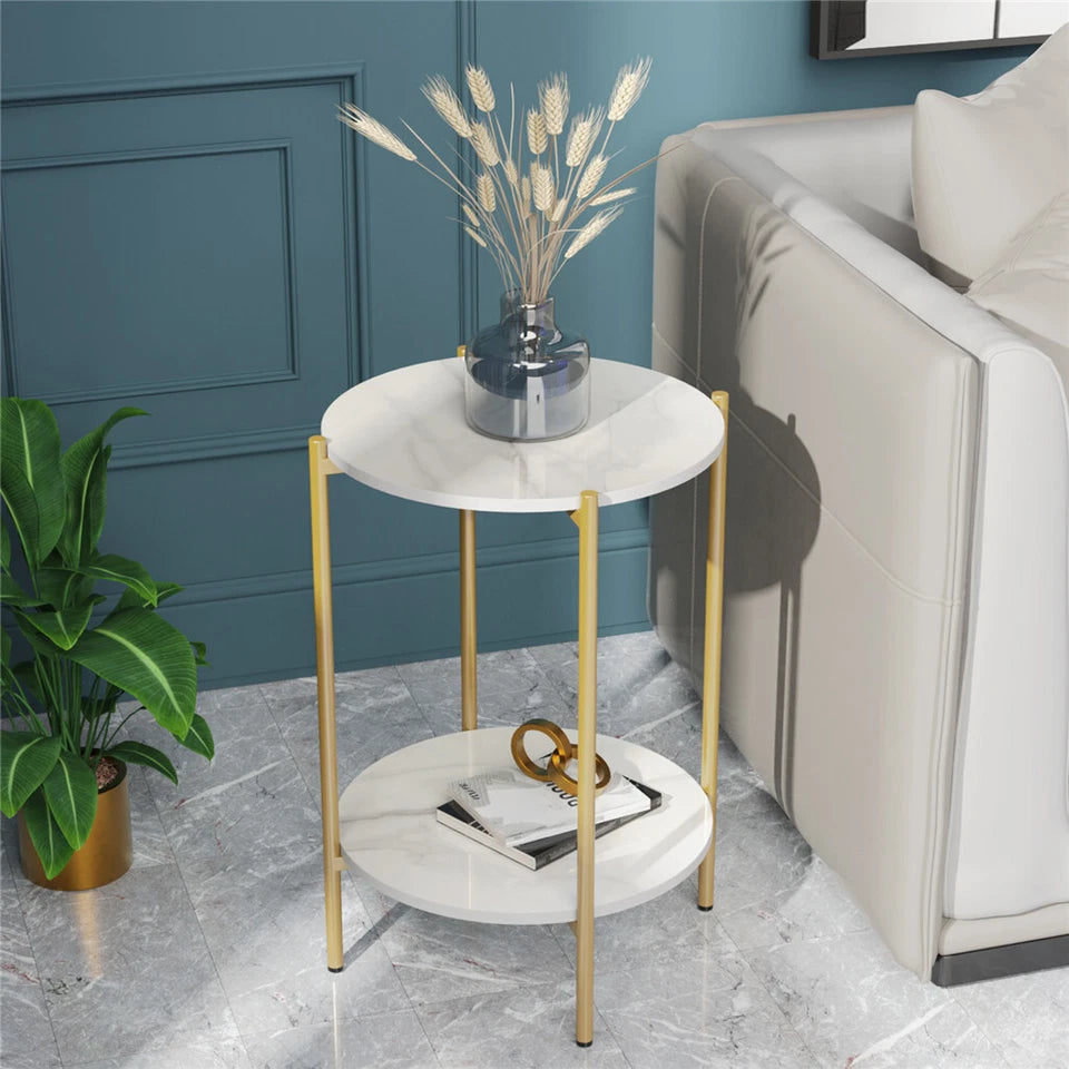 Sleek Marble End Table 2 Tier Coffee Table Nightstand With Thicken Metal Frame