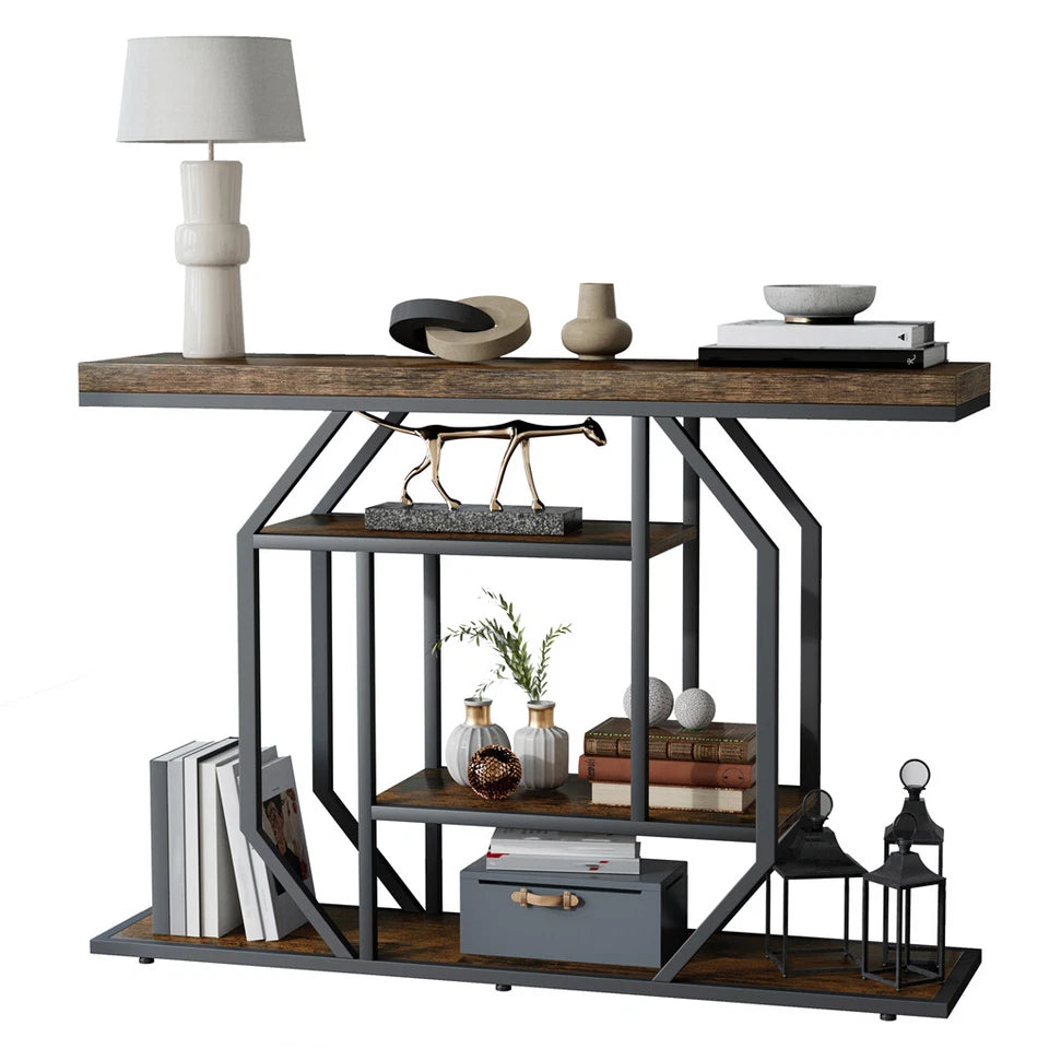 Black And Brown Entry Table With Industrial Design And Rustic Charm