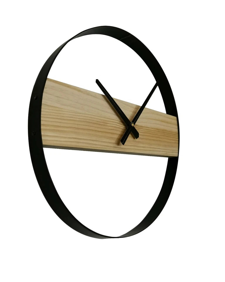 Black and Natural Wood Minimalist Wall Clock with Open Frame Design