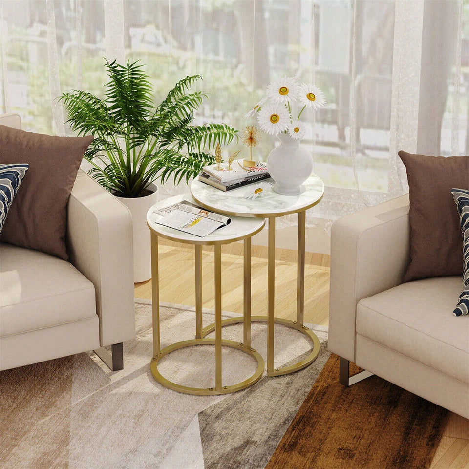 White Set of 2 Sintered Stone Nesting Side Tables With Gold Metal Legs