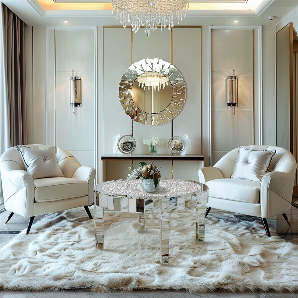 Silver Round Mirrored Coffee Table with Crushed Diamond Inlay Design