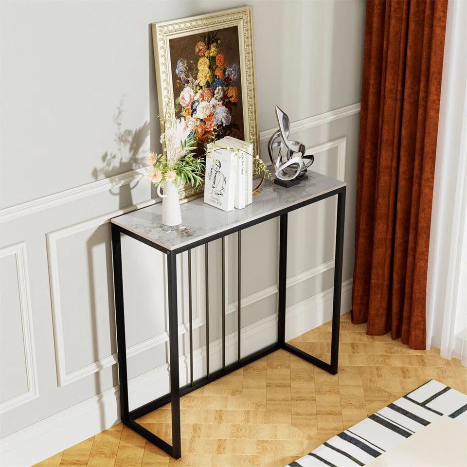 White Emerald Sintered Stone Console Table With Minimalist Metal Frame