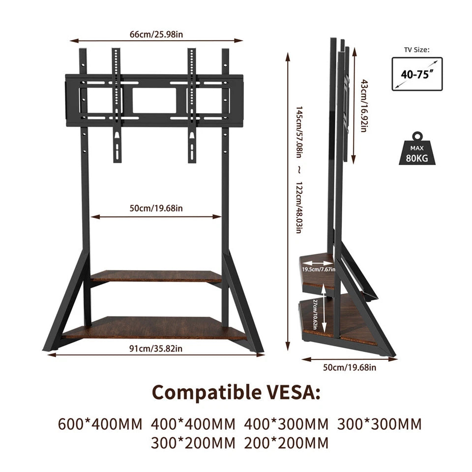 Black Adjustable Industrial TV Floor Stand With 2 Shelves For 40”-75” Flat Screens
