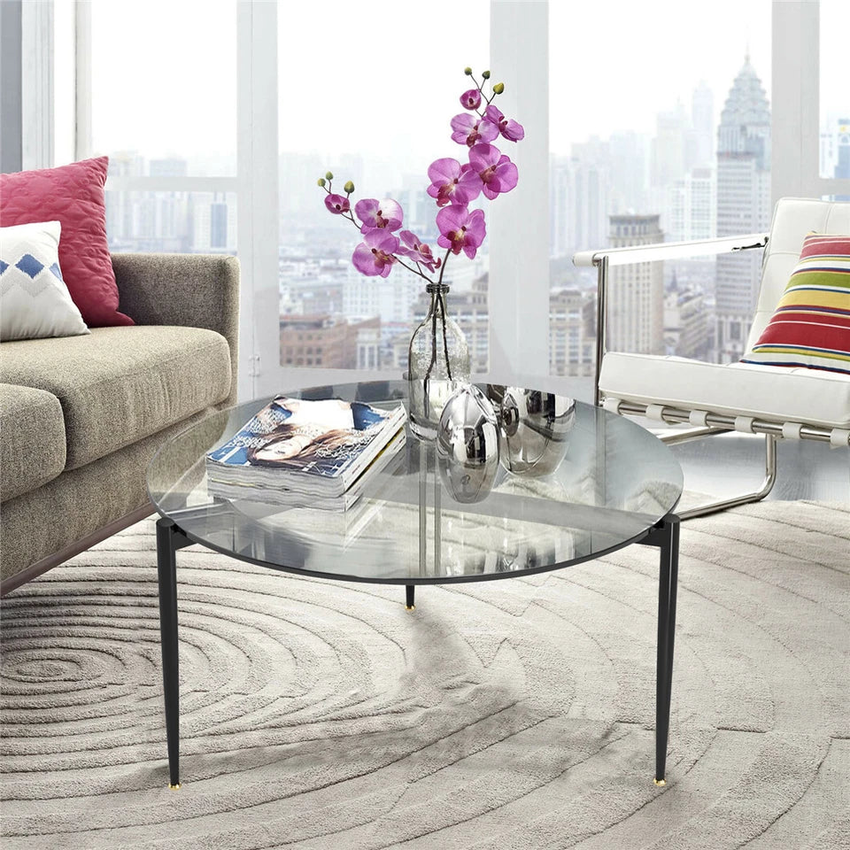 Blue Tinted Round Tempered Glass Coffee Table with Sturdy Metal Base