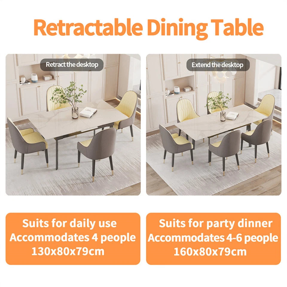 Glossy White Extendable Sintered Stone Dining Table With Sleek Metal Frame
