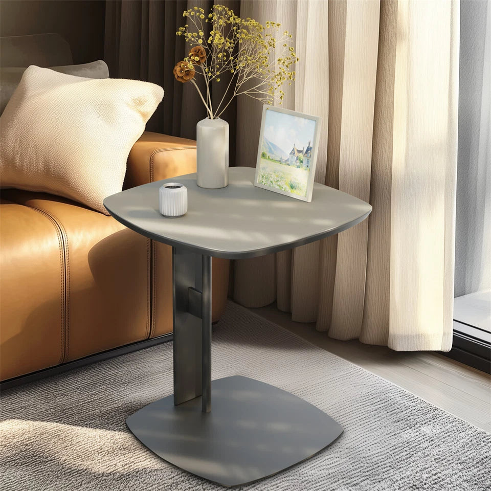 Light Grey Saddle Leather C-Shaped Square Side Table With Black Frame
