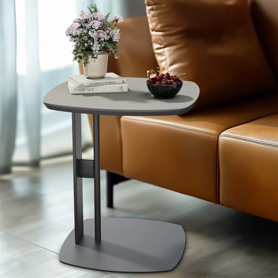 Light Grey Saddle Leather C-Shaped Square Side Table With Black Frame