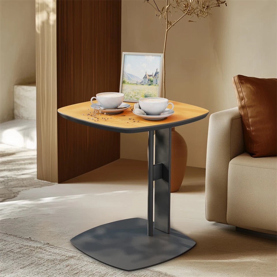 Orange Saddle Leather C-Shaped Square Side Table With Black Iron Frame