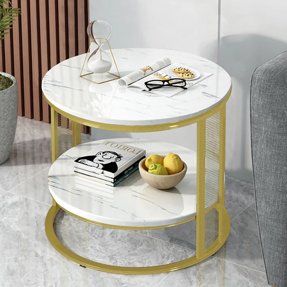 White Marble Side End Table Round Coffee Accent Table Nightstand Gold Iron Frame