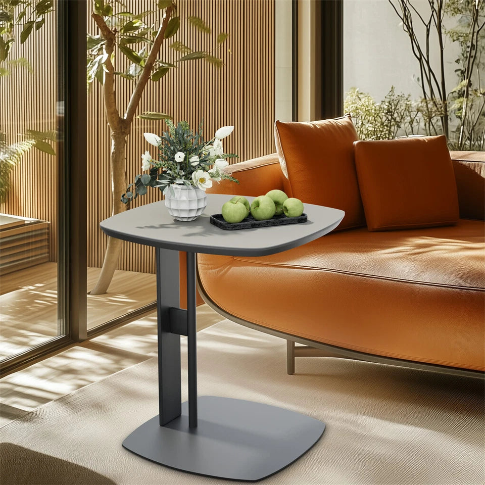 Light Grey Saddle Leather C-Shaped Square Side Table With Black Frame