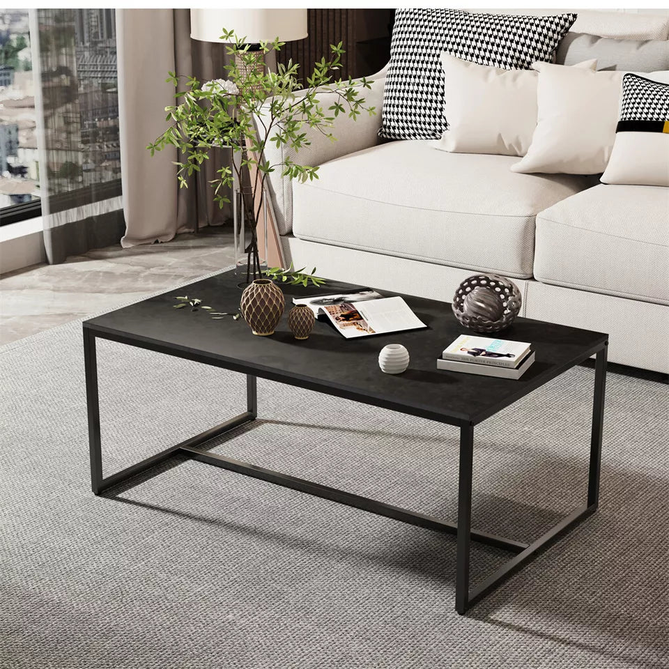 Black Sintered Stone Coffee Table with Sleek Minimalist Metal Base Design