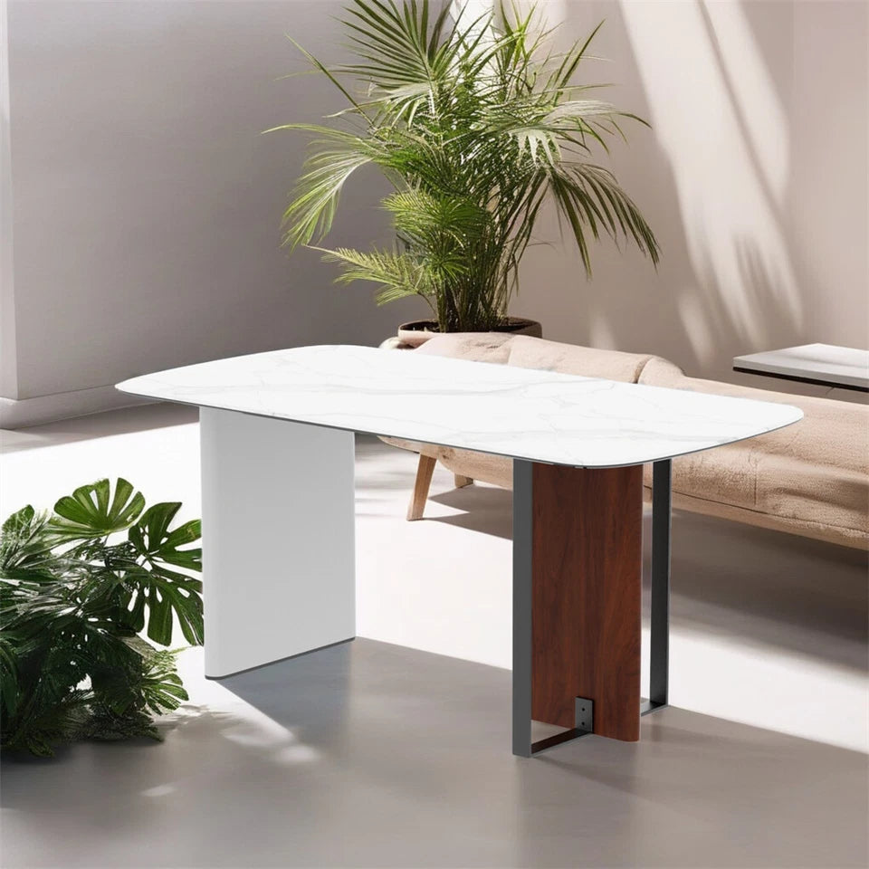 White Sintered Stone Dining Table With Tempered Glass Base Design