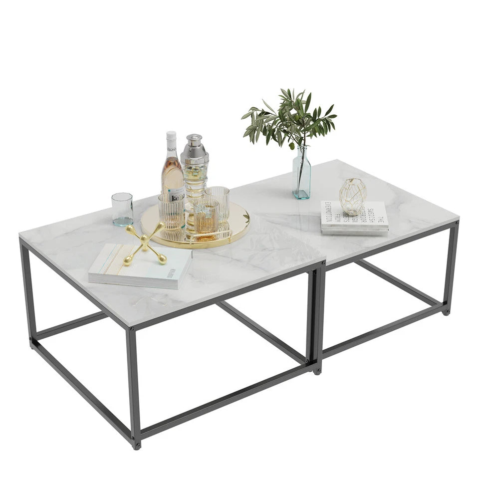White Sintered Stone Rectangular Nesting Tables with Black Metal Frame