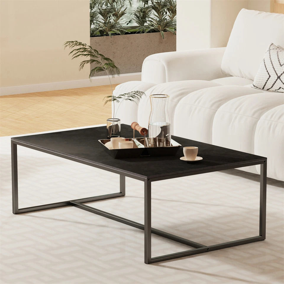 Black Sintered Stone Coffee Table with Sleek Minimalist Metal Base Design