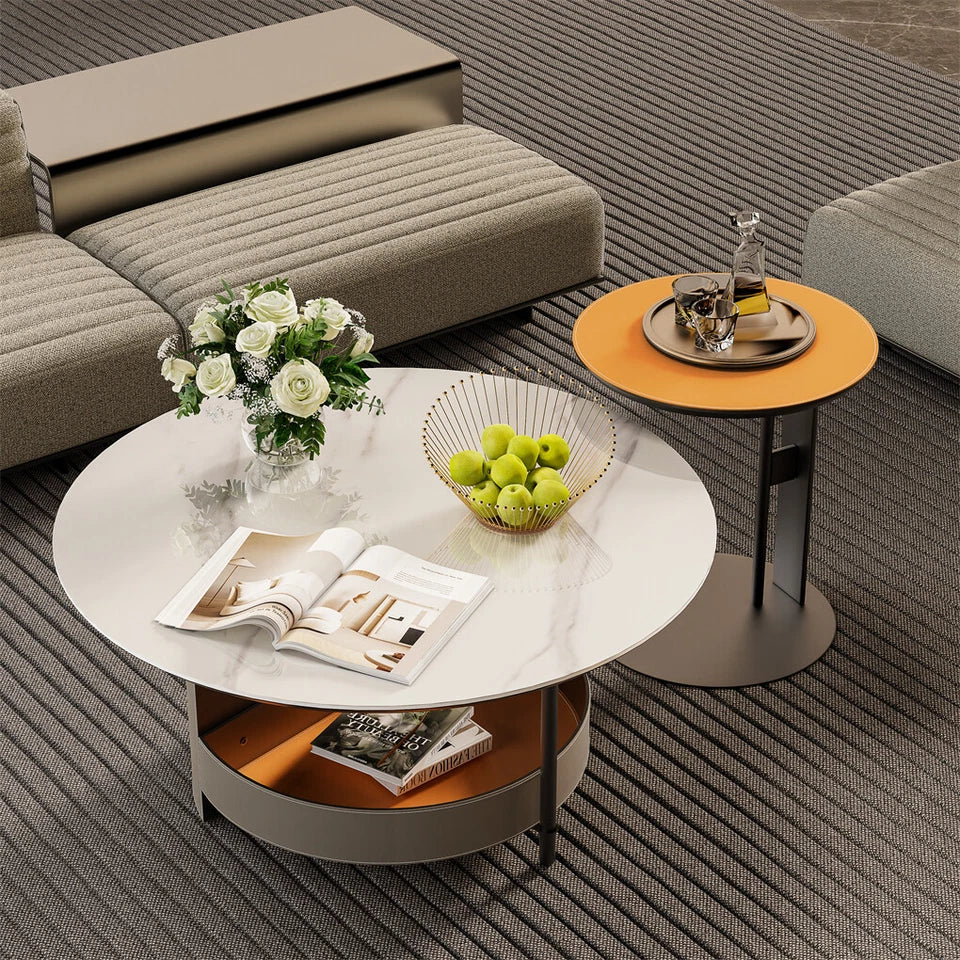 White & Grey Round Sintered Stone Coffee Table with Leather Storage Shelf