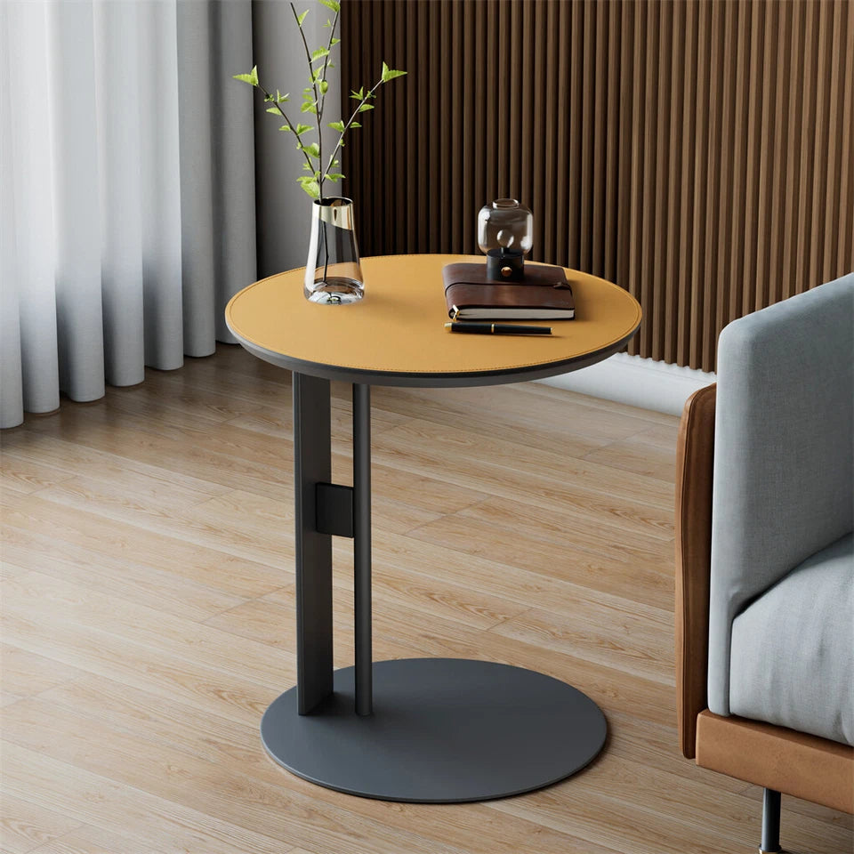 Orange Saddle Leather C-Shaped Side Table With Black Iron Frame Support