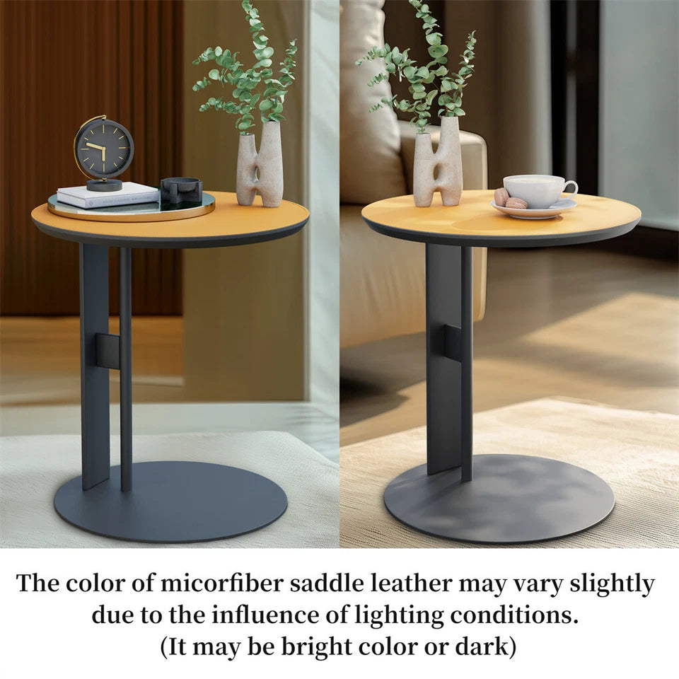Orange Saddle Leather C-Shaped Side Table With Black Iron Frame Support