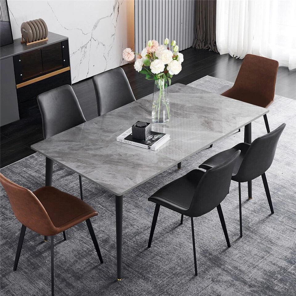 Glossy Gray Stone Dining Table With Modern Black Steel Base & Legs