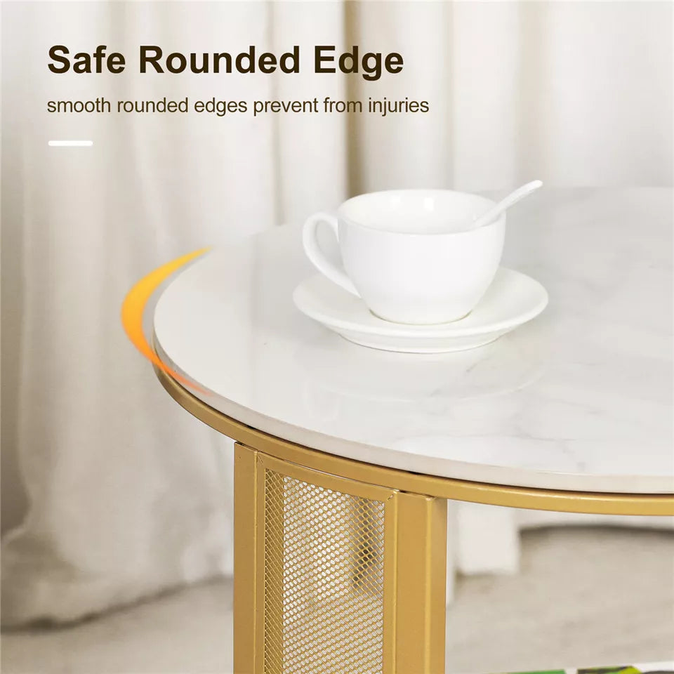 White Marble Side End Table Round Coffee Accent Table Nightstand Gold Iron Frame