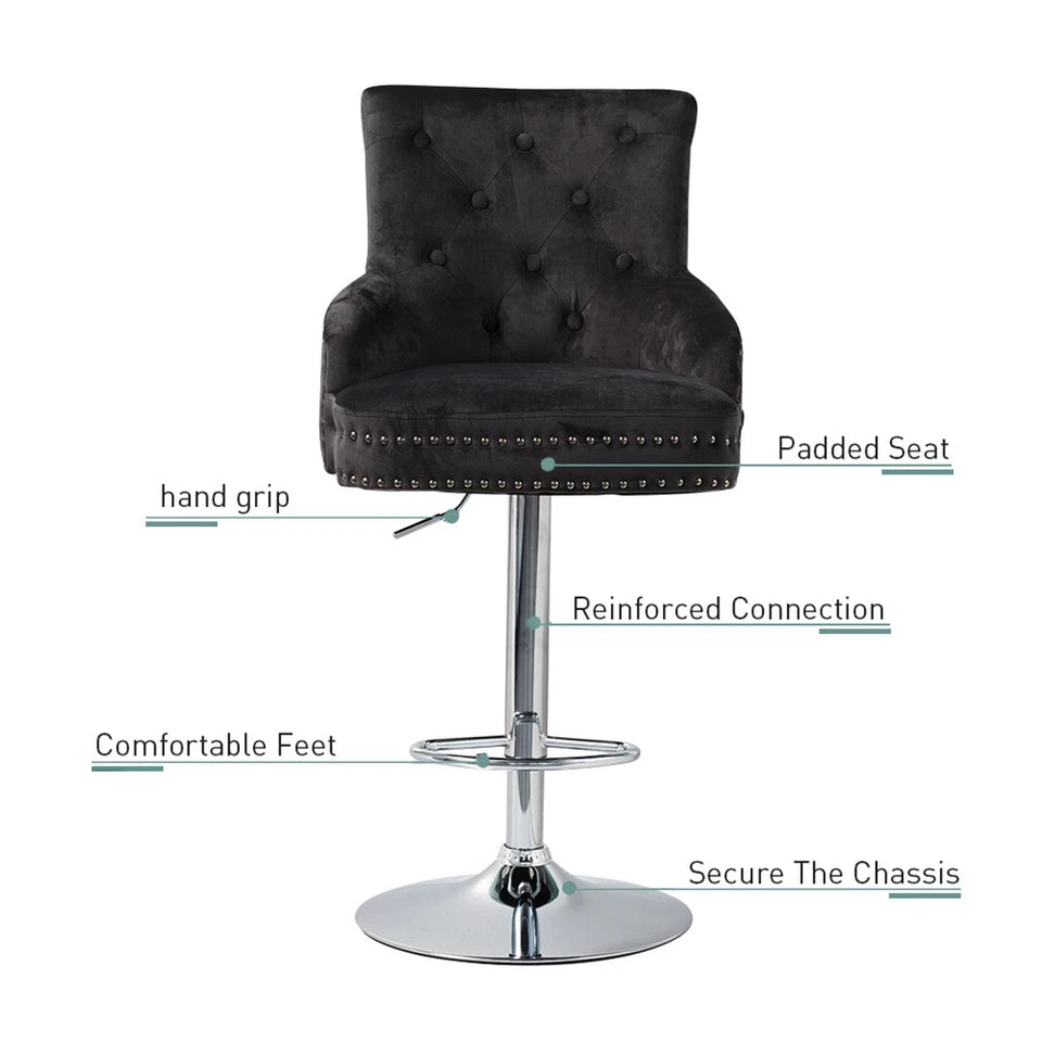 Black Velvet 360° Swivel Bar Stool With Lion Head Detail And Adjustable Height