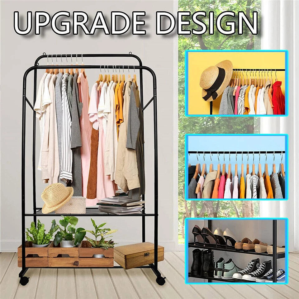 Black Heavy Duty Garment Display Rack with Hanging Rail and Shoe Shelf