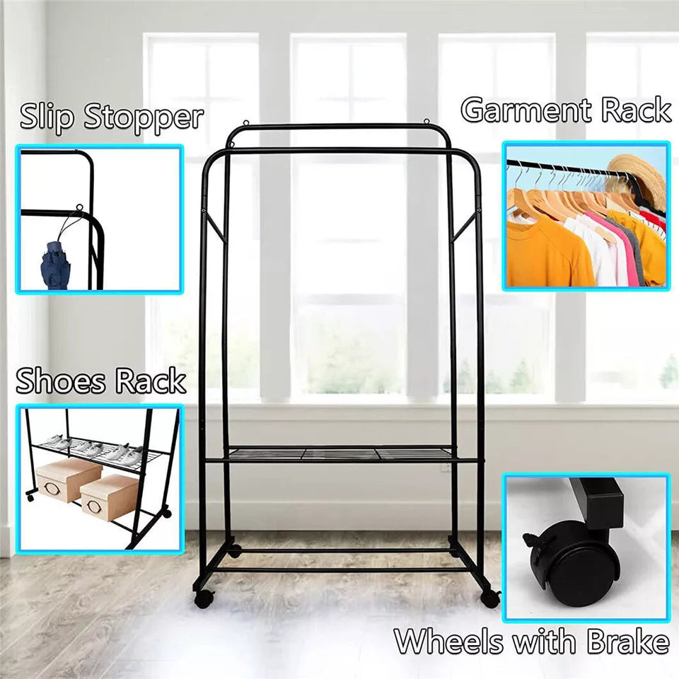 Black Heavy Duty Garment Display Rack with Hanging Rail and Shoe Shelf