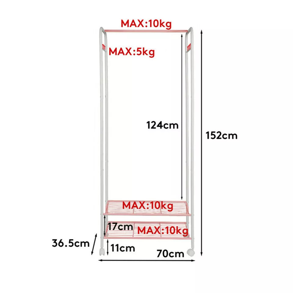 2 Tier Rolling Metal Garment Stand With 2 Side Hooks