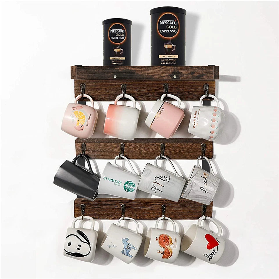 Wall Mounted Shelf Mug Cup Cupboard Kitchen Organiser Hooks Hanging Rack Holder