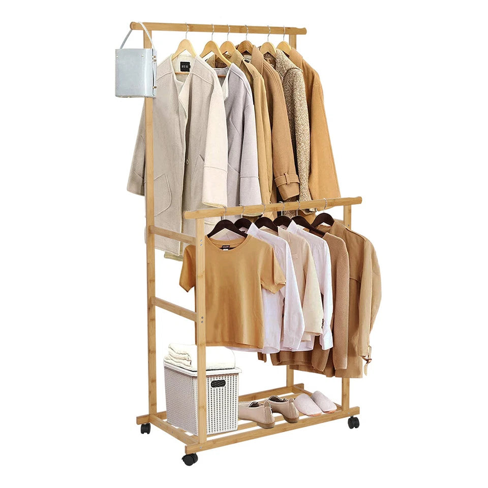 Heavy Duty Bamboo Garment Rack Freestanding Rolling Clothes Trousers Scarf Rack
