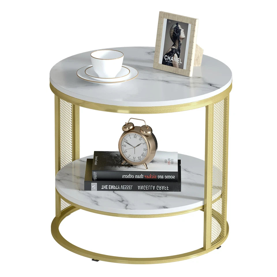 White Marble Side End Table Round Coffee Accent Table Nightstand Gold Iron Frame