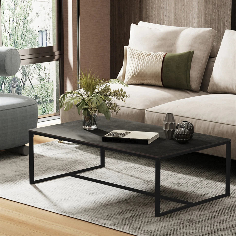 Black Sintered Stone Coffee Table with Sleek Minimalist Metal Base Design