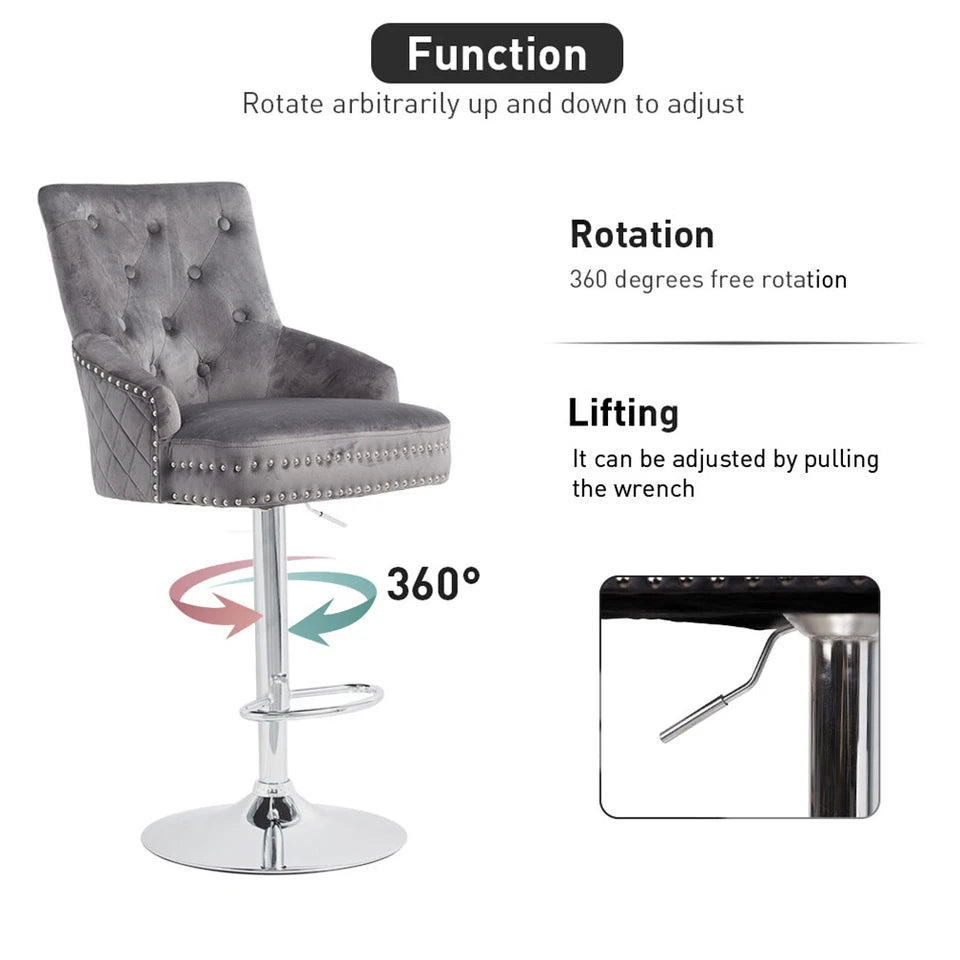 Gray Velvet Swivel Bar Stool With Lion Head Accent And Adjustable Chrome Base