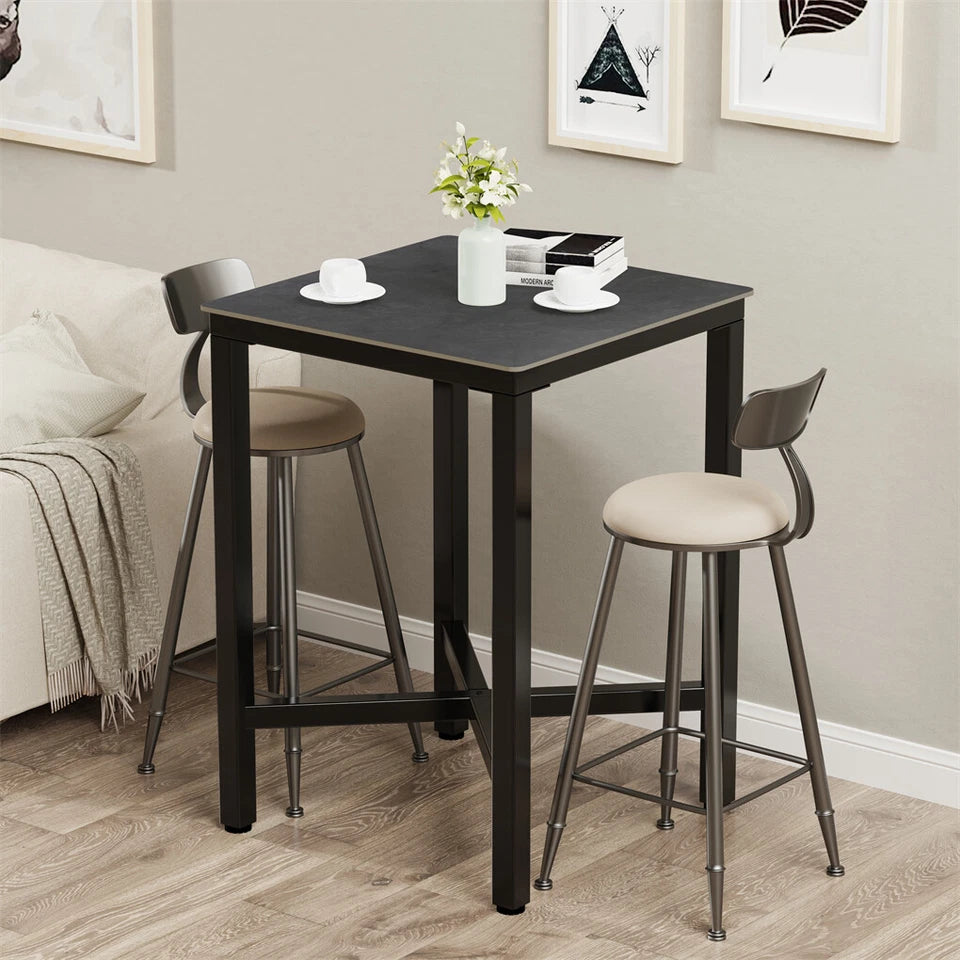 Matte Grey Square High-Top Bar Table With Sintered Stone Top And Sleek X Base