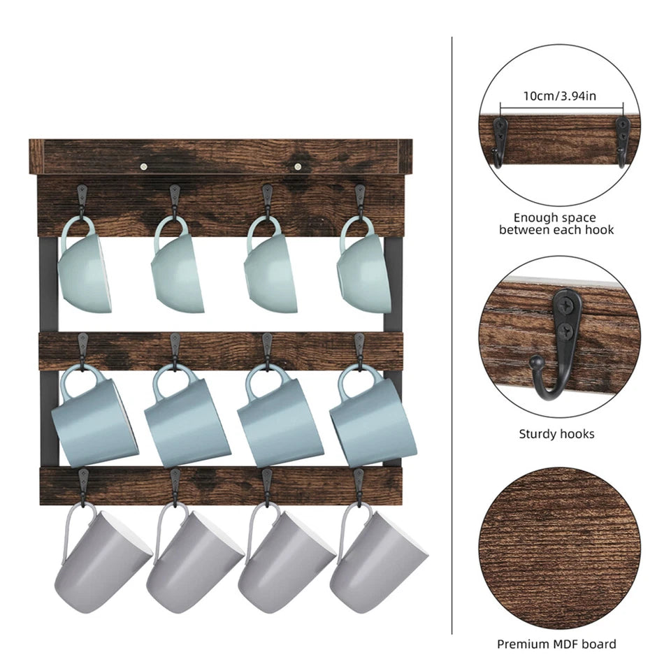 Wall Mounted Shelf Mug Cup Cupboard Kitchen Organiser Hooks Hanging Rack Holder