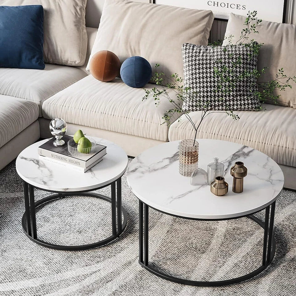 White and Gray Sintered Stone Round Nesting Coffee Tables with Metal Base