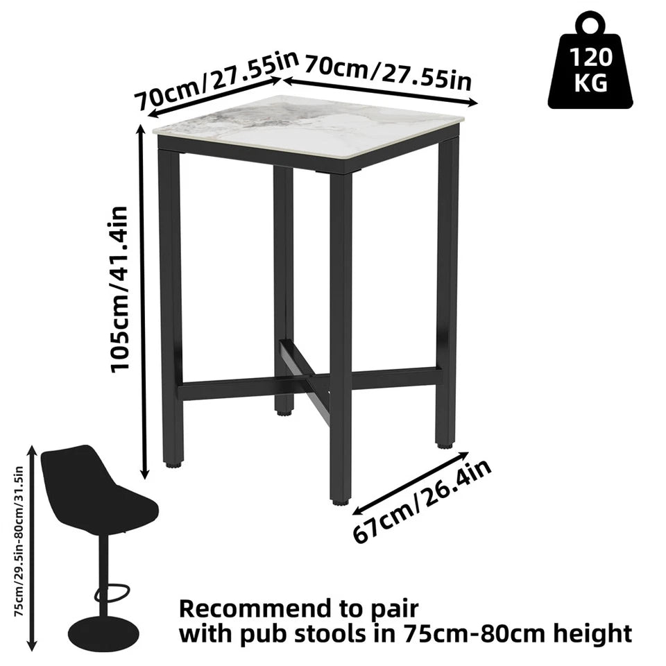 Glossy Jaded White Square Bar Table With Sintered Stone Top And Black X Base