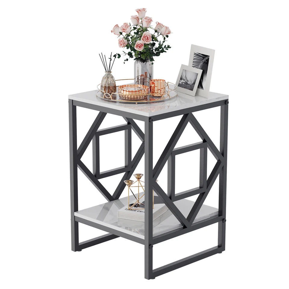 Sleek White Marble Side Table Sofa End Table Bedside Nightstand with Durable Frame