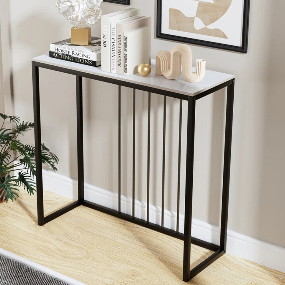 White Grey Sintered Stone Console Table With Sleek Modern Metal Legs