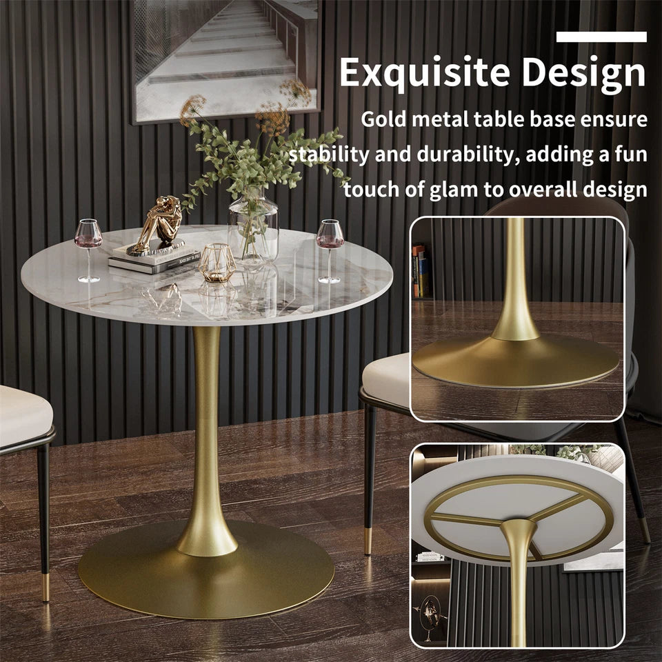 White Emerald Round Dining Table With Gold Base For Modern Small Space Living